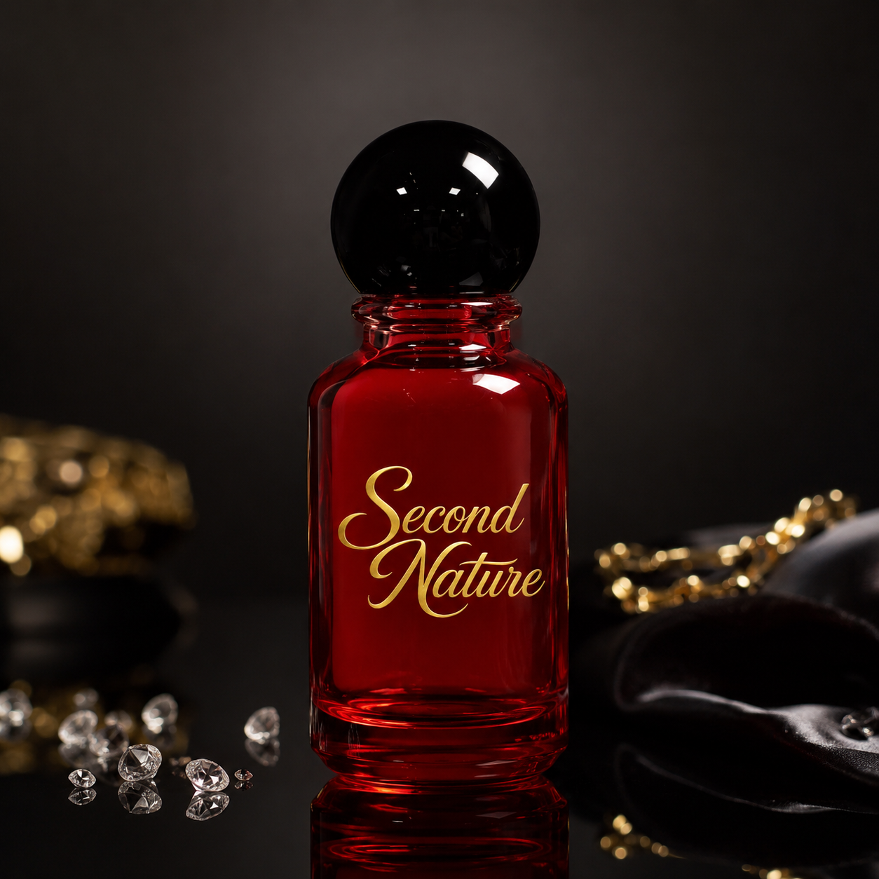 Second Nature ruby-red fragrance bottle with a black spherical cap and gold lettering