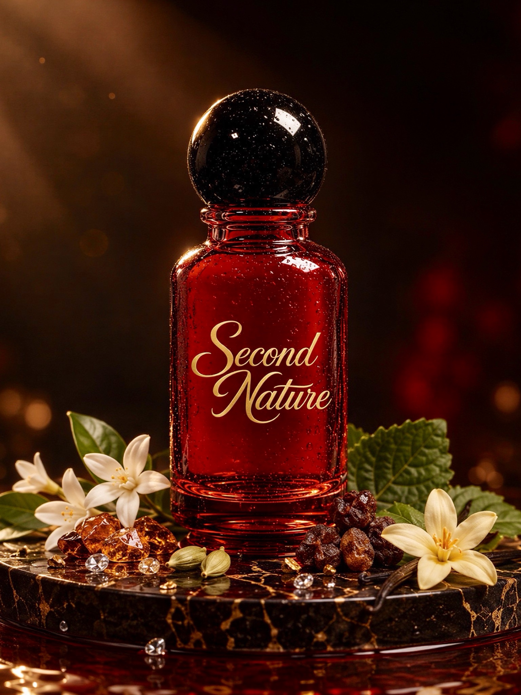 Second Nature surrounded by white blossoms, green leaves, cardamom and warm resins